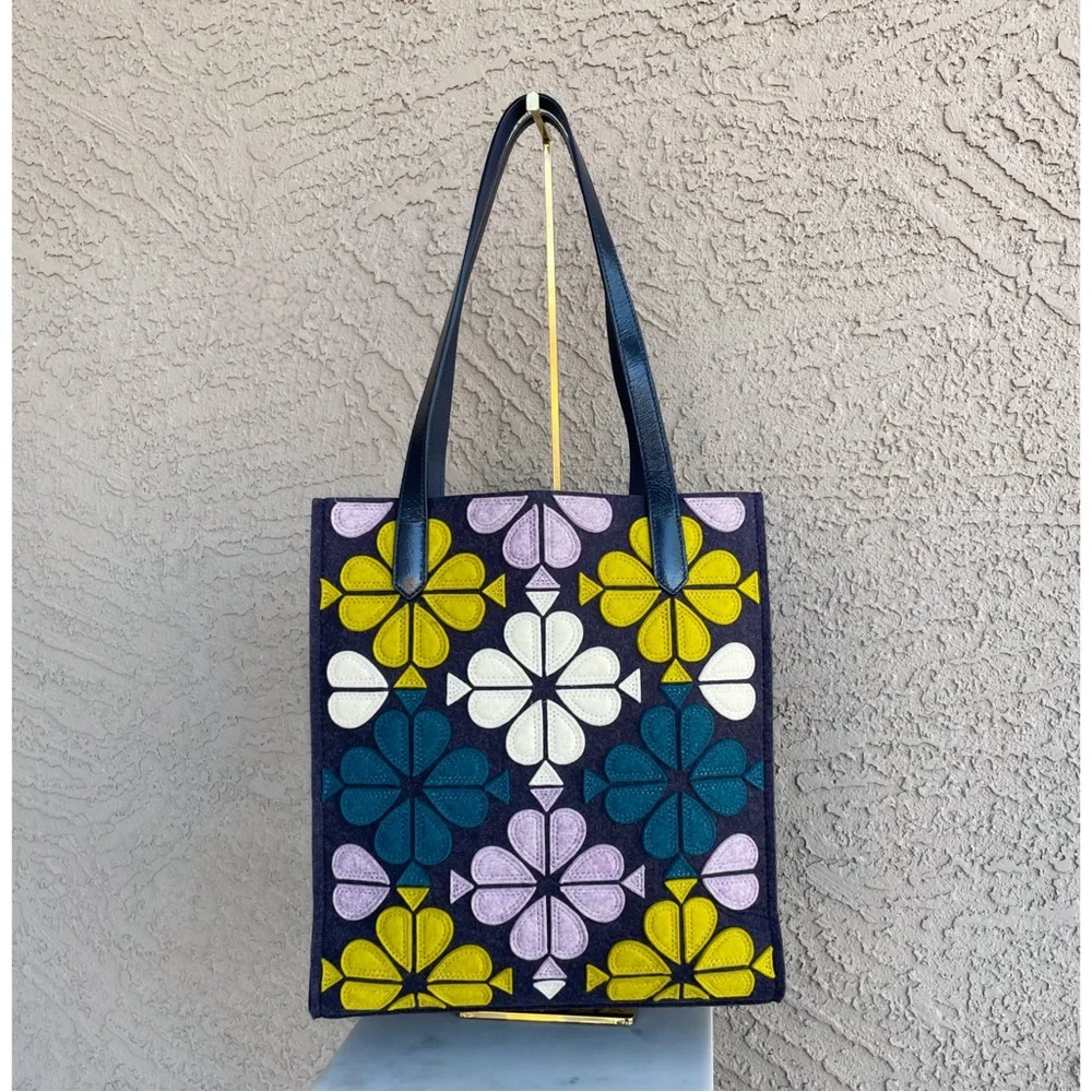 KATE SPADE Blue Purple Kitt North South Floral Felt Tote Bag & Matching Pouch